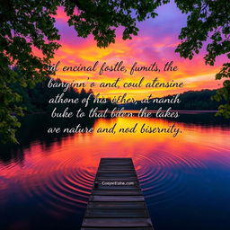 A vibrant and colorful landscape photograph depicting a serene sunset over a calm lake, with lush green trees framing the scene