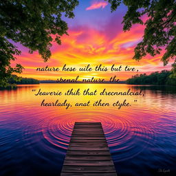 A vibrant and colorful landscape photograph depicting a serene sunset over a calm lake, with lush green trees framing the scene