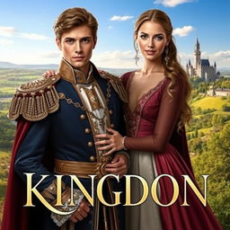 A highly realistic book cover featuring a handsome prince heir in regal attire with intricate details, standing confidently next to his striking lover who exudes charm and elegance