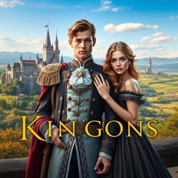 A highly realistic book cover featuring a handsome prince heir in regal attire with intricate details, standing confidently next to his striking lover who exudes charm and elegance