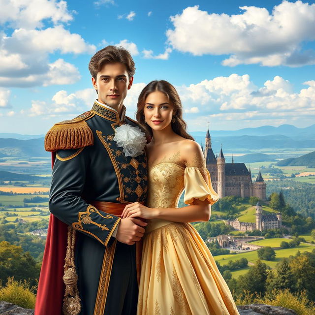 A highly realistic book cover featuring a handsome prince heir in regal attire with intricate details, standing confidently next to his striking lover who exudes charm and elegance