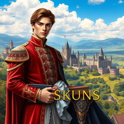 A highly realistic book cover featuring a handsome prince heir in regal attire with intricate details, standing confidently next to his striking lover who exudes charm and elegance