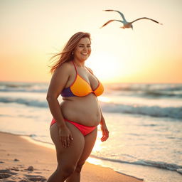 A beautiful, confident plus-size woman standing on a sunny beach, wearing a stylish swimsuit with vibrant colors