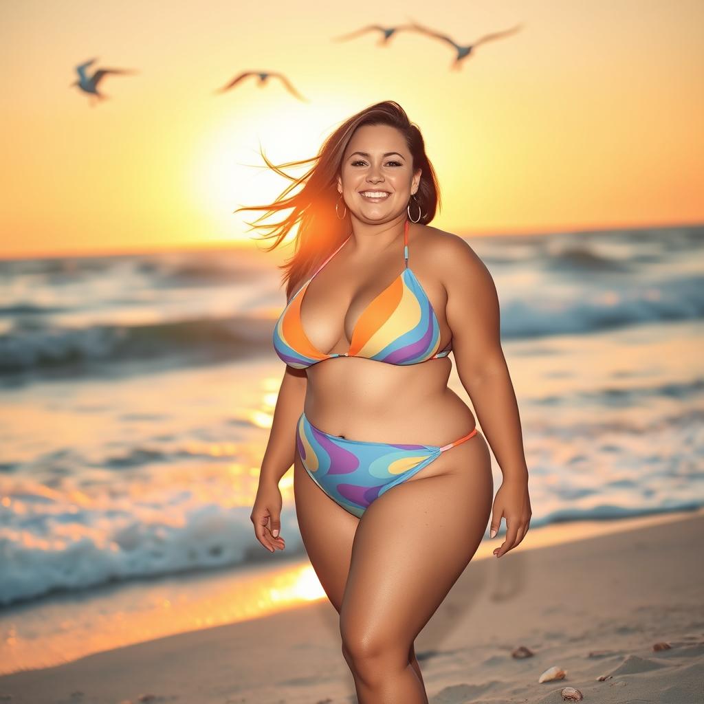 A beautiful, confident plus-size woman standing on a sunny beach, wearing a stylish swimsuit with vibrant colors