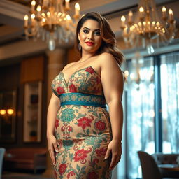 A stunning plus-size woman posing confidently in an elegant evening dress, adorned with intricate patterns and bold colors