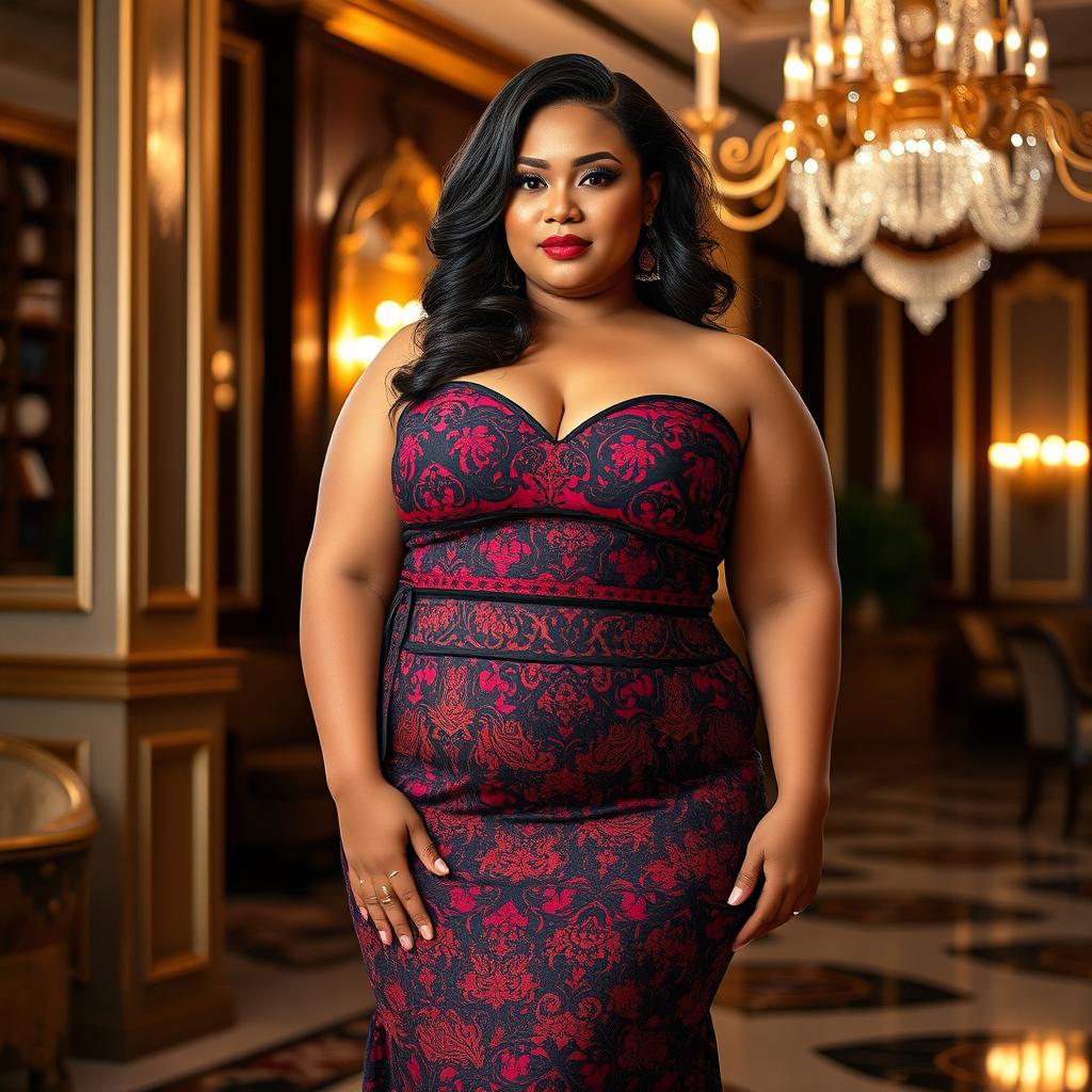 A stunning plus-size woman posing confidently in an elegant evening dress, adorned with intricate patterns and bold colors