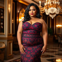 A stunning plus-size woman posing confidently in an elegant evening dress, adorned with intricate patterns and bold colors