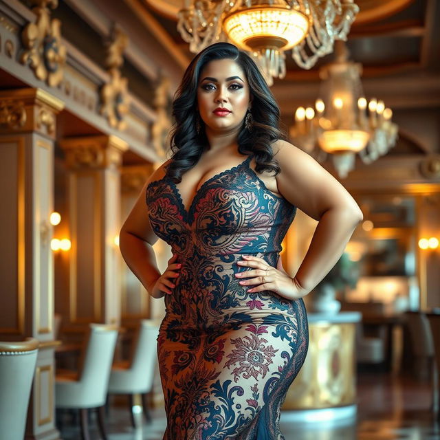 A stunning plus-size woman posing confidently in an elegant evening dress, adorned with intricate patterns and bold colors