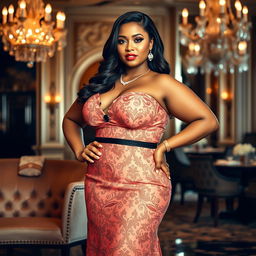 A stunning plus-size woman posing confidently in an elegant evening dress, adorned with intricate patterns and bold colors