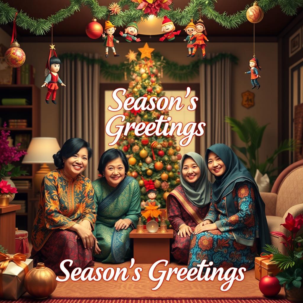 A joyful Christmas scene inspired by Javanese culture, showcasing a family gathered together to celebrate the holiday season