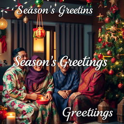 A joyful Christmas scene inspired by Javanese culture, showcasing a family gathered together to celebrate the holiday season