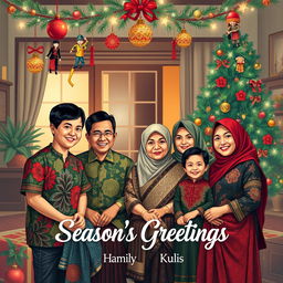 A joyful Christmas scene inspired by Javanese culture, showcasing a family gathered together to celebrate the holiday season