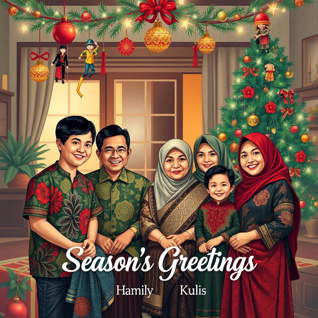 A joyful Christmas scene inspired by Javanese culture, showcasing a family gathered together to celebrate the holiday season