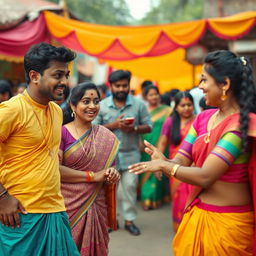 A lighthearted and fun short video capturing humorous moments inspired by Tamil cinema, featuring vibrant traditional costumes, lively dance sequences, and playful interactions among friends in a colorful outdoor setting, with a backdrop of a bustling village fair