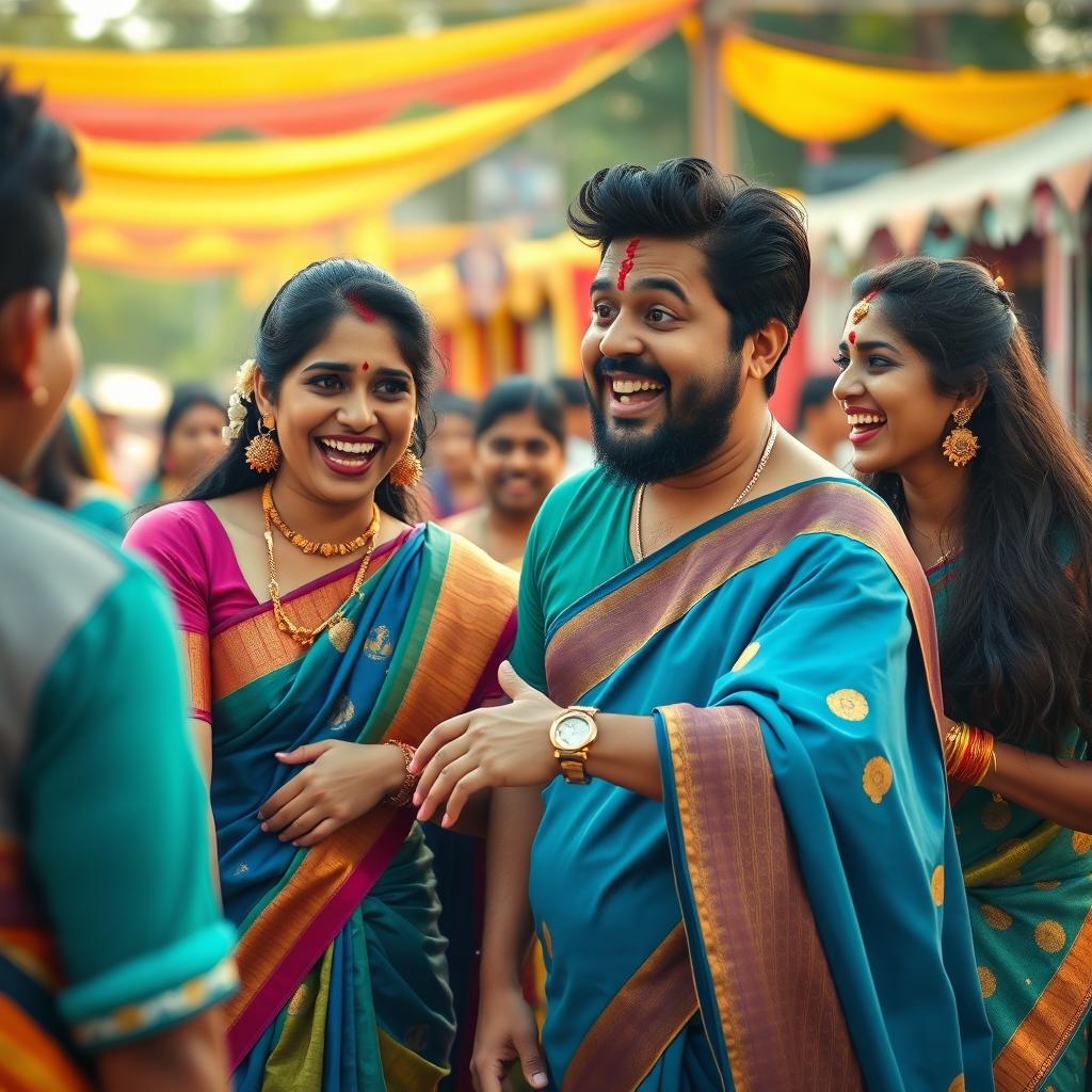 A lighthearted and fun short video capturing humorous moments inspired by Tamil cinema, featuring vibrant traditional costumes, lively dance sequences, and playful interactions among friends in a colorful outdoor setting, with a backdrop of a bustling village fair