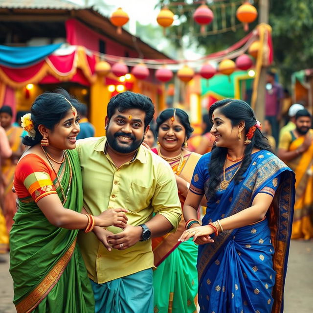 A lighthearted and fun short video capturing humorous moments inspired by Tamil cinema, featuring vibrant traditional costumes, lively dance sequences, and playful interactions among friends in a colorful outdoor setting, with a backdrop of a bustling village fair