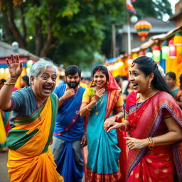 A lighthearted and fun short video capturing humorous moments inspired by Tamil cinema, featuring vibrant traditional costumes, lively dance sequences, and playful interactions among friends in a colorful outdoor setting, with a backdrop of a bustling village fair