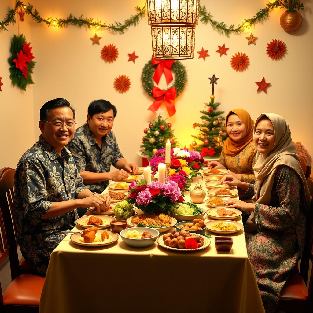 A warm and festive Christmas and New Year celebration scene inspired by traditional Javanese culture, featuring a family dining together at a beautifully set table