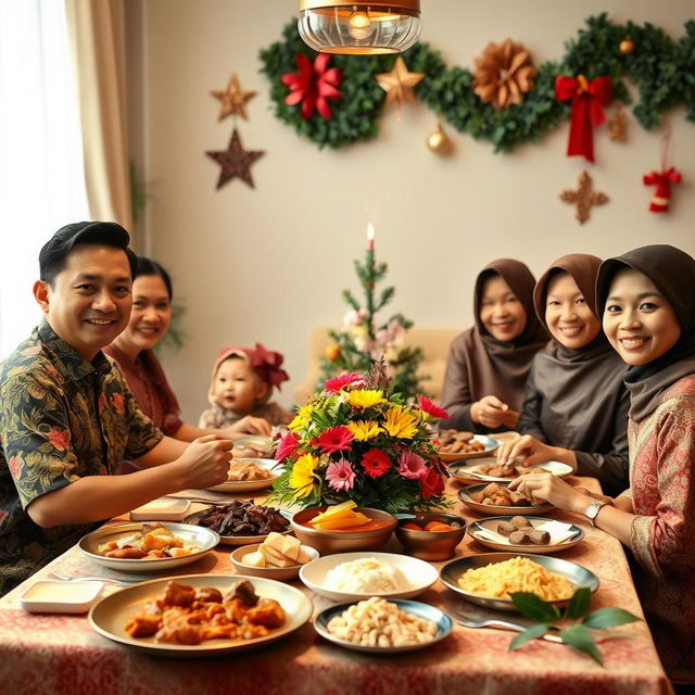 A warm and festive Christmas and New Year celebration scene inspired by traditional Javanese culture, featuring a family dining together at a beautifully set table