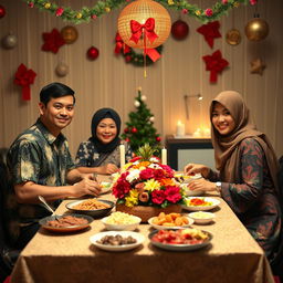 A warm and festive Christmas and New Year celebration scene inspired by traditional Javanese culture, featuring a family dining together at a beautifully set table