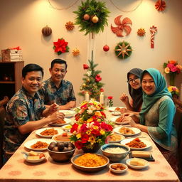 A warm and festive Christmas and New Year celebration scene inspired by traditional Javanese culture, featuring a family dining together at a beautifully set table