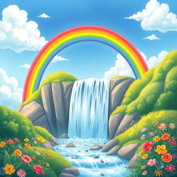 A vibrant scene featuring a radiant rainbow arching gracefully over a majestic waterfall, surrounded by lush greenery and colorful flowers