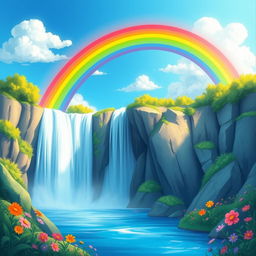 A vibrant scene featuring a radiant rainbow arching gracefully over a majestic waterfall, surrounded by lush greenery and colorful flowers