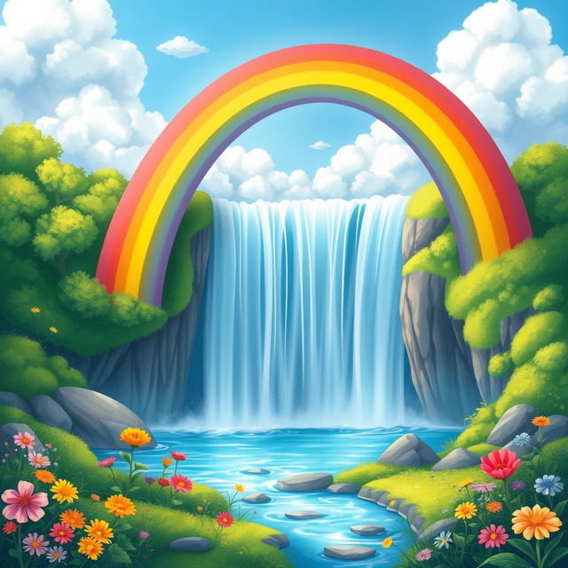 A vibrant scene featuring a radiant rainbow arching gracefully over a majestic waterfall, surrounded by lush greenery and colorful flowers