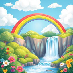 A vibrant scene featuring a radiant rainbow arching gracefully over a majestic waterfall, surrounded by lush greenery and colorful flowers