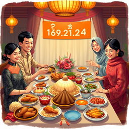 An illustration depicting a traditional Javanese New Year celebration, featuring a family gathered around a beautifully set dining table