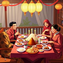 An illustration depicting a traditional Javanese New Year celebration, featuring a family gathered around a beautifully set dining table