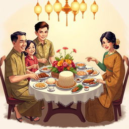 An illustration depicting a traditional Javanese New Year celebration, featuring a family gathered around a beautifully set dining table