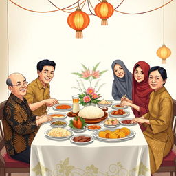 An illustration depicting a traditional Javanese New Year celebration, featuring a family gathered around a beautifully set dining table