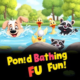 A humorous and eye-catching video thumbnail featuring a group of cartoon animals joyfully bathing in a pond