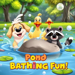 A humorous and eye-catching video thumbnail featuring a group of cartoon animals joyfully bathing in a pond