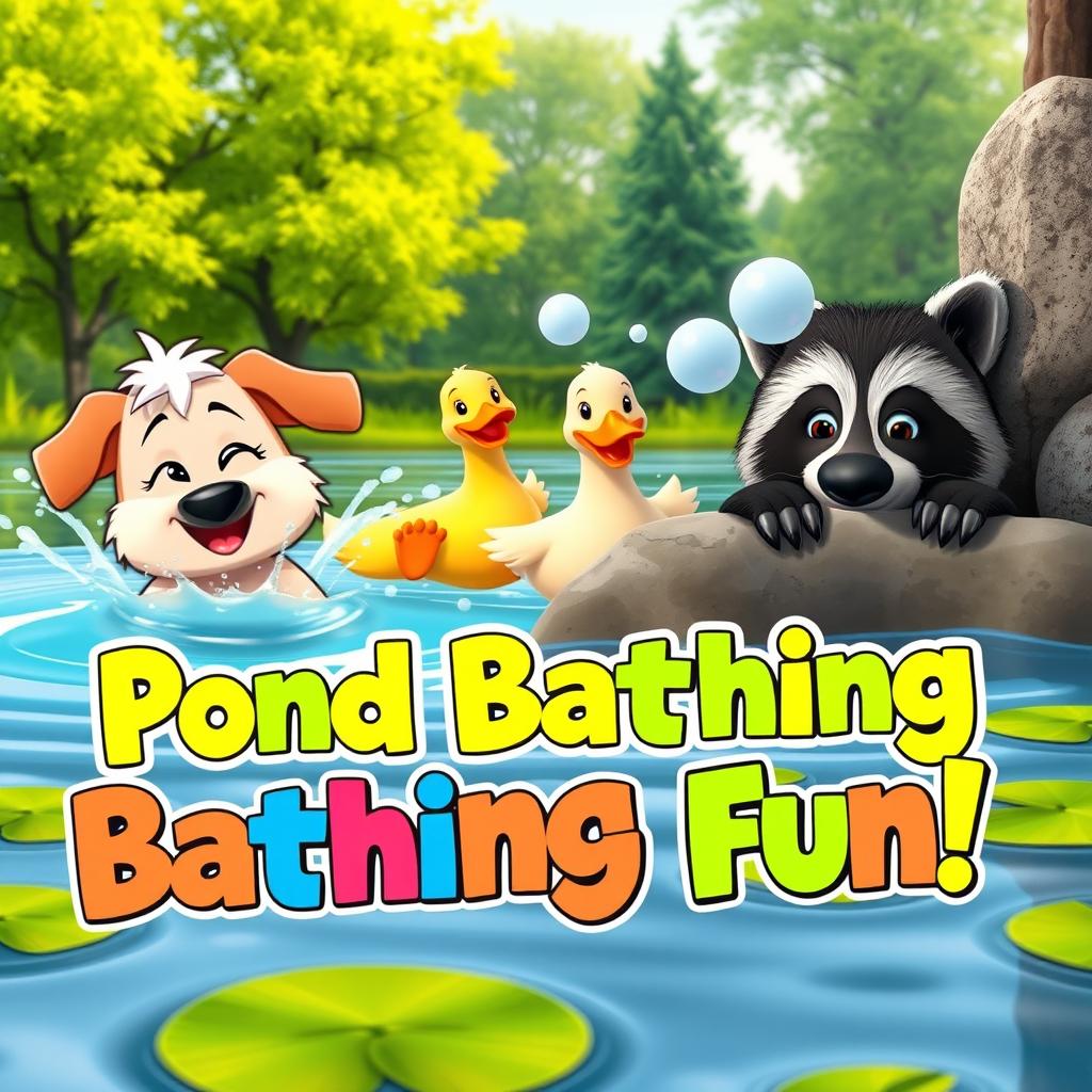 A humorous and eye-catching video thumbnail featuring a group of cartoon animals joyfully bathing in a pond