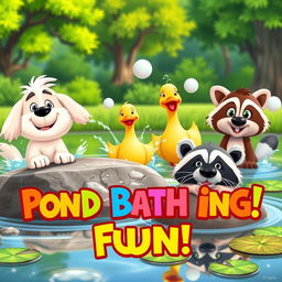 A humorous and eye-catching video thumbnail featuring a group of cartoon animals joyfully bathing in a pond