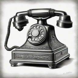 A high-quality black and white pencil sketch of an antique telephone