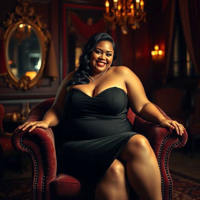 A voluptuous plus-size woman sitting confidently on a plush velvet chair, her curves accentuated by a form-fitting elegant dress