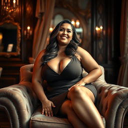 A voluptuous plus-size woman sitting confidently on a plush velvet chair, her curves accentuated by a form-fitting elegant dress