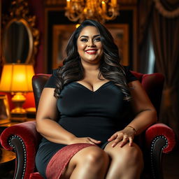 A voluptuous plus-size woman sitting confidently on a plush velvet chair, her curves accentuated by a form-fitting elegant dress