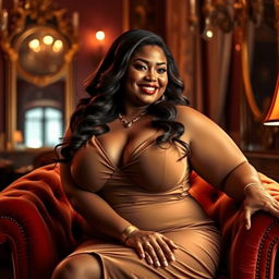 A voluptuous plus-size woman sitting confidently on a plush velvet chair, her curves accentuated by a form-fitting elegant dress