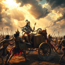 An epic scene of Lord Krishna on the battlefield of Kurukshetra, set during the Mahabharata war