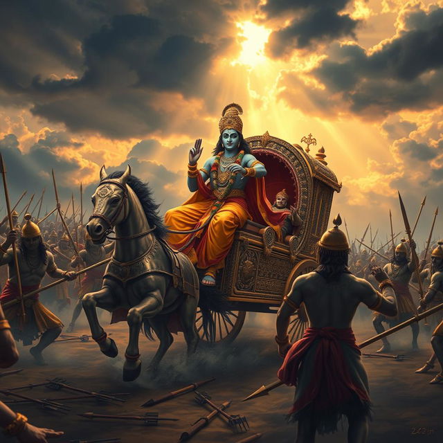 An epic scene of Lord Krishna on the battlefield of Kurukshetra, set during the Mahabharata war