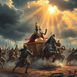 An epic scene of Lord Krishna on the battlefield of Kurukshetra, set during the Mahabharata war