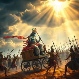 An epic scene of Lord Krishna on the battlefield of Kurukshetra, set during the Mahabharata war