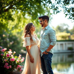 A romantic couple standing together in a picturesque setting, surrounded by lush greenery and soft sunlight filtering through the trees