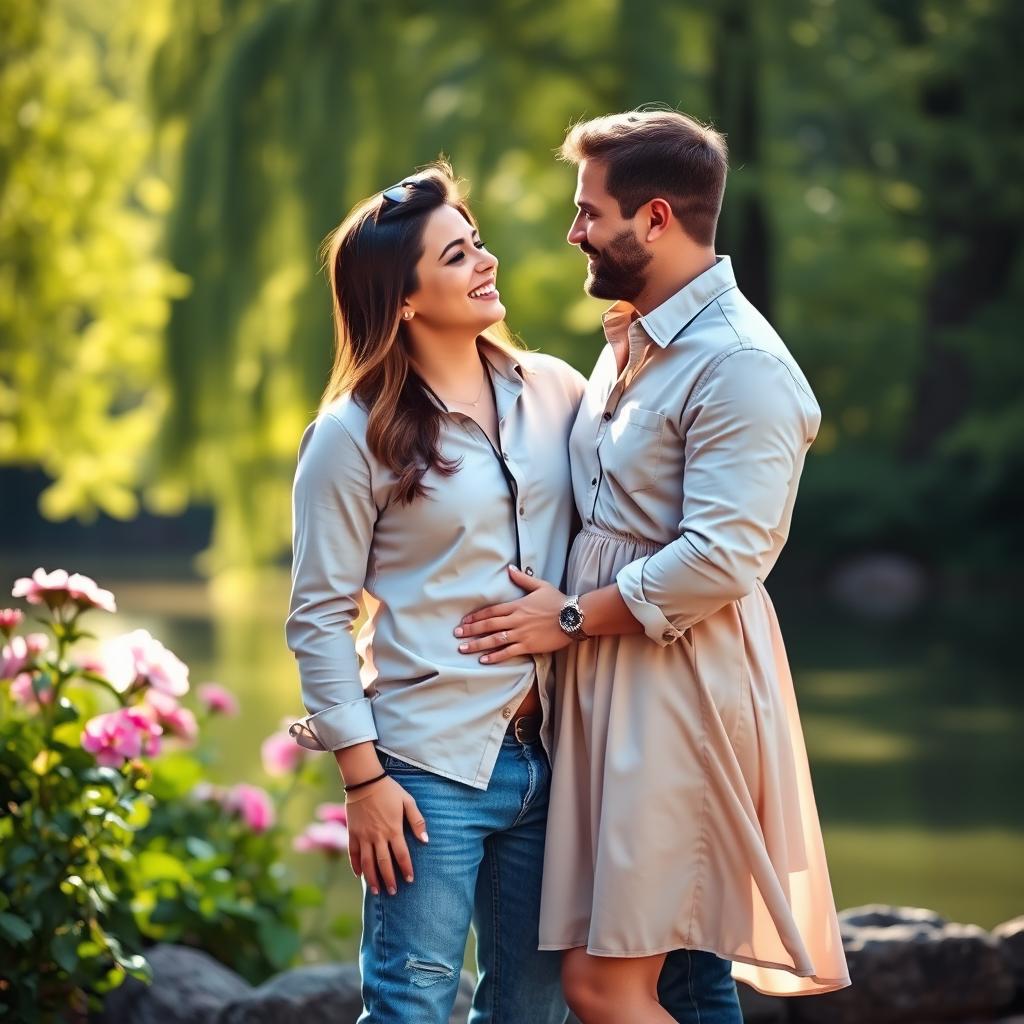 A romantic couple standing together in a picturesque setting, surrounded by lush greenery and soft sunlight filtering through the trees