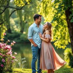 A romantic couple standing together in a picturesque setting, surrounded by lush greenery and soft sunlight filtering through the trees