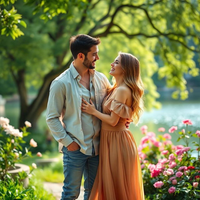 A romantic couple standing together in a picturesque setting, surrounded by lush greenery and soft sunlight filtering through the trees